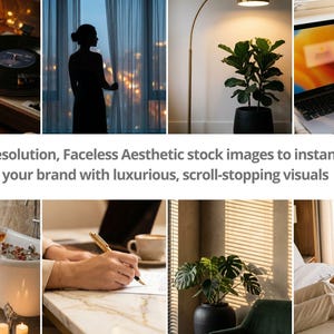Op de afbeelding: Een collage van esthetische afbeeldingen met een platenspeler, een silhouet bij een raam, een plant, een laptop, een bad, een persoon die schrijft, een plant en een persoon op bed. Tekst: 330 high-resolution, Faceless Aesthetic stockafbeeldingen.