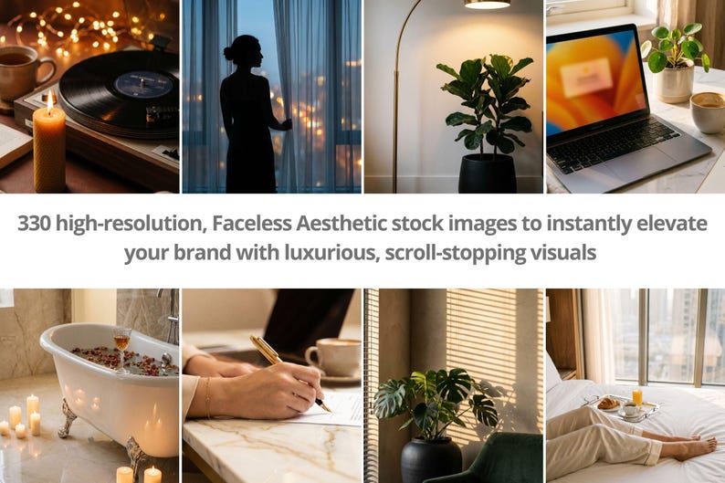 Op de afbeelding: Een collage van esthetische afbeeldingen met een platenspeler, een silhouet bij een raam, een plant, een laptop, een bad, een persoon die schrijft, een plant en een persoon op bed. Tekst: 330 high-resolution, Faceless Aesthetic stockafbeeldingen.