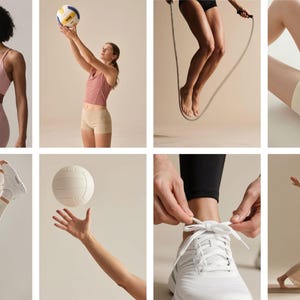 May include: Collection of images showcasing fitness activities. Includes a woman lifting a dumbbell, another playing volleyball, and a person jumping rope. Other images show yoga, volleyball, and tying shoelaces.