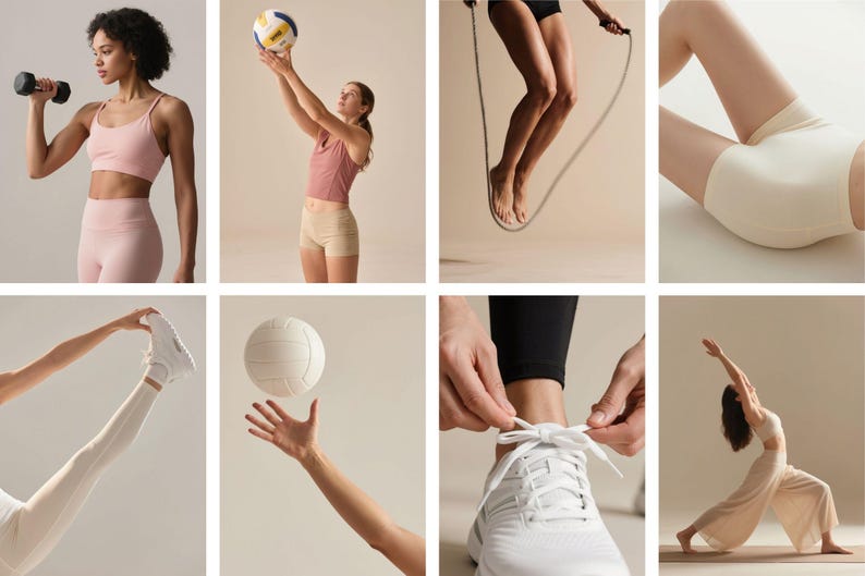 May include: Collection of images showcasing fitness activities. Includes a woman lifting a dumbbell, another playing volleyball, and a person jumping rope. Other images show yoga, volleyball, and tying shoelaces.