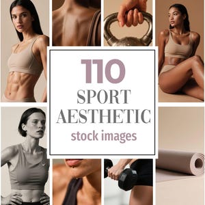 May include: A collage of images featuring athletic wear and fitness themes. The central image displays the text "110 SPORT AESTHETIC stock images". The images include women in sports bras, workout gear, and fitness accessories like a yoga mat and dumbbells.