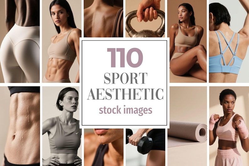 May include: A collage of images featuring athletic wear and fitness themes. The central image displays the text "110 SPORT AESTHETIC stock images". The images include women in sports bras, workout gear, and fitness accessories like a yoga mat and dumbbells.