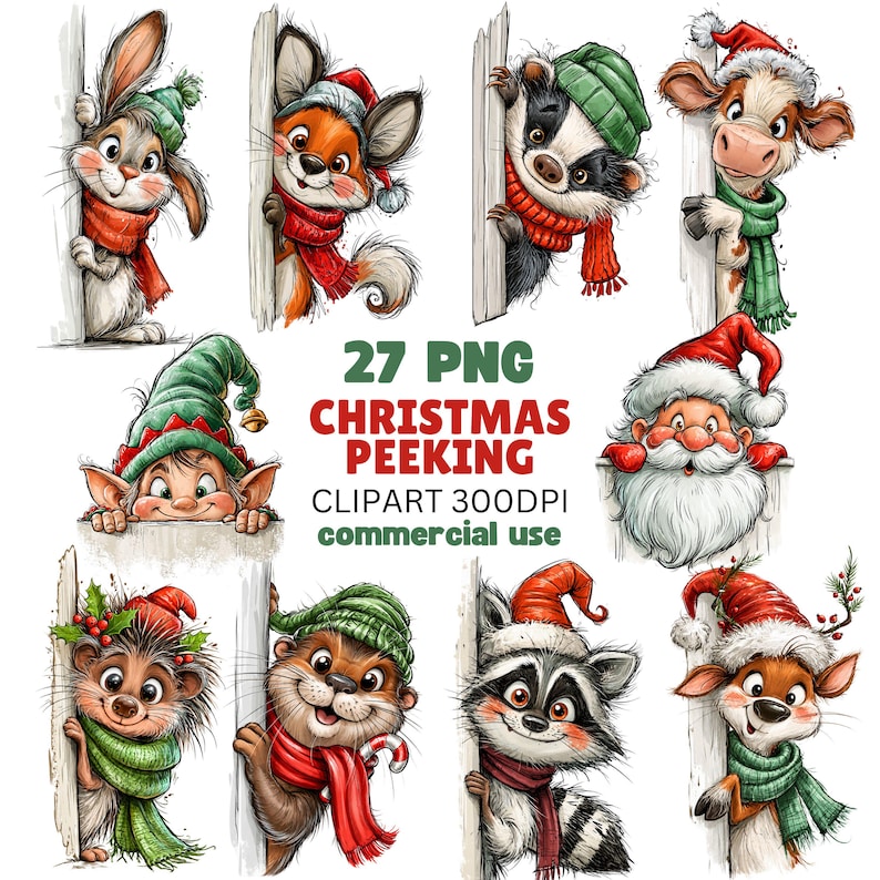 Paquete de 27 imágenes PNG navideñas con animales divertidos, imágenes prediseñadas de acuarela de elfos de Papá Noel originales y originales.