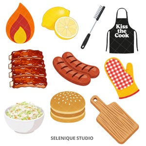 Puede incluir: Ilustraciones con tem&aacute;tica de barbacoa. Incluye una llama, limones, un cepillo para parrilla, un delantal con el texto "Kiss the Cook", costillas, salchichas, un cuenco de ensalada de col, un pan de hamburguesa, un guante de cocina y una tabla de cortar de madera.