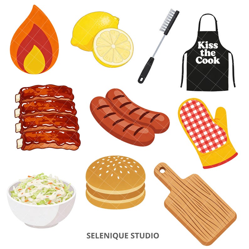 Puede incluir: Ilustraciones con tem&aacute;tica de barbacoa. Incluye una llama, limones, un cepillo para parrilla, un delantal con el texto "Kiss the Cook", costillas, salchichas, un cuenco de ensalada de col, un pan de hamburguesa, un guante de cocina y una tabla de cortar de madera.