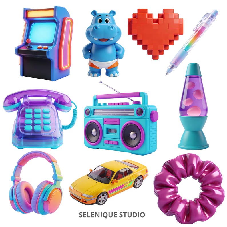 May include: A collection of colorful 80s and 90s themed toys and accessories. Includes a blue arcade game, a hippo figurine, a pixelated heart, a rainbow pen, a lava lamp, a telephone, a boombox, headphones, a yellow car, and a pink scrunchie.