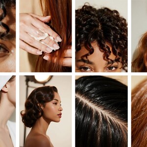 Op de afbeelding: Een collage van afbeeldingen die verschillende aspecten van haarverzorging en styling laten zien. Bevat close-ups van krullend haar, het aanbrengen van producten, een satijnen scrunchie en gestileerde golven. De afbeeldingen benadrukken verschillende haartexturen en -stijlen.