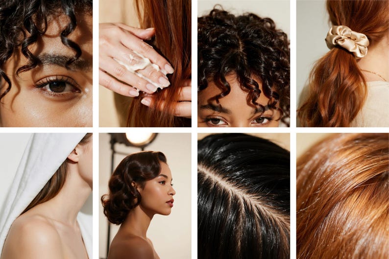 Op de afbeelding: Een collage van afbeeldingen die verschillende aspecten van haarverzorging en styling laten zien. Bevat close-ups van krullend haar, het aanbrengen van producten, een satijnen scrunchie en gestileerde golven. De afbeeldingen benadrukken verschillende haartexturen en -stijlen.