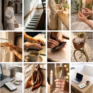 Op de afbeelding: Een collage van lifestyle-afbeeldingen met een laptop, een persoon in een pak, een trap, een persoon in een badjas, handen die een spuitfles gebruiken, een tablet, een persoon die in een notitieboek schrijft, kleding op hangers, handen die een laptop gebruiken, een kopje koffie, een portemonnee, een fiets met een mand, sieraden, een bad, een telefoon, een sjaal, champagne, een laptop en een persoon die lotion aanbrengt.