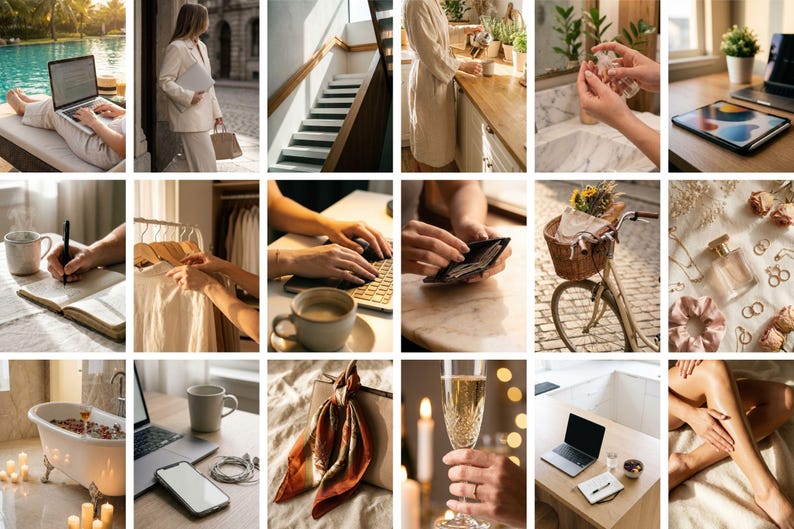 Op de afbeelding: Een collage van lifestyle-afbeeldingen met een laptop, een persoon in een pak, een trap, een persoon in een badjas, handen die een spuitfles gebruiken, een tablet, een persoon die in een notitieboek schrijft, kleding op hangers, handen die een laptop gebruiken, een kopje koffie, een portemonnee, een fiets met een mand, sieraden, een bad, een telefoon, een sjaal, champagne, een laptop en een persoon die lotion aanbrengt.