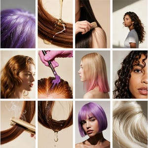 Op de afbeelding: Een collage van afbeeldingen met verschillende haarkleuren en -stijlen. Bevat close-ups van groen, paars en blond haar, samen met afbeeldingen van haar dat wordt gestyled, gekleurd en behandeld met producten. De afbeeldingen benadrukken verschillende texturen en lengtes.