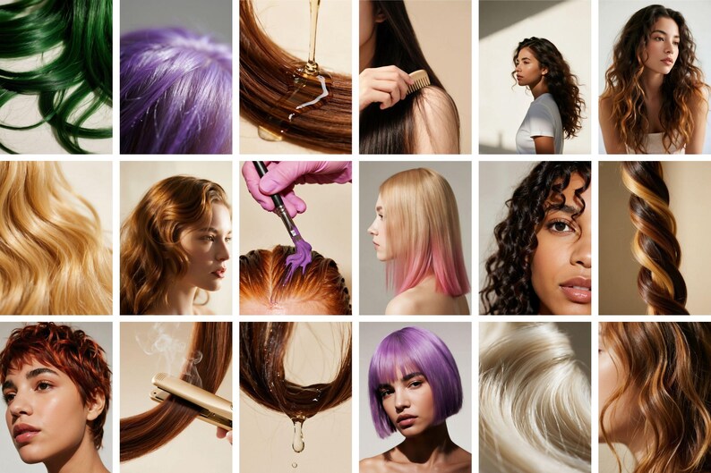 Op de afbeelding: Een collage van afbeeldingen met verschillende haarkleuren en -stijlen. Bevat close-ups van groen, paars en blond haar, samen met afbeeldingen van haar dat wordt gestyled, gekleurd en behandeld met producten. De afbeeldingen benadrukken verschillende texturen en lengtes.