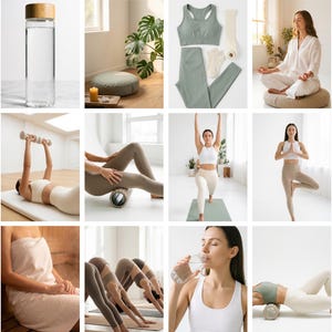 May include: A collection of images showcasing wellness and fitness activities. The images include yoga poses, workout gear, a water bottle, and a meditation cushion. The color palette is soft, with neutral tones and natural lighting, creating a sense of calm.