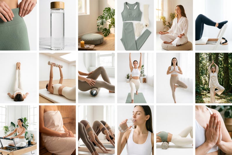 May include: A collection of images showcasing wellness and fitness activities. The images include yoga poses, workout gear, a water bottle, and a meditation cushion. The color palette is soft, with neutral tones and natural lighting, creating a sense of calm.