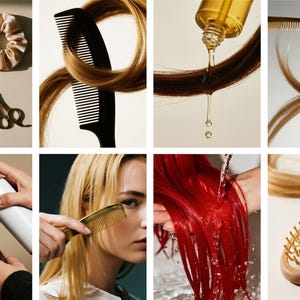 Op de afbeelding: Een collage van haarverzorgingsartikelen en -processen. Bevat kammen, scharen, haarolie, haarspray en een haarborstel. De afbeelding toont verschillende haarkleuren, waaronder blond, bruin en rood, met een focus op haarstyling en -behandeling.
