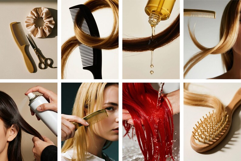 Op de afbeelding: Een collage van haarverzorgingsartikelen en -processen. Bevat kammen, scharen, haarolie, haarspray en een haarborstel. De afbeelding toont verschillende haarkleuren, waaronder blond, bruin en rood, met een focus op haarstyling en -behandeling.