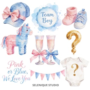 Watercolor Gender Reveal Clipart Bundle | Pink Blue Baby Shower Graphics (Digital Download) image 5