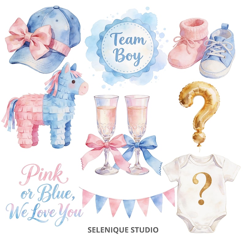 Watercolor Gender Reveal Clipart Bundle | Pink Blue Baby Shower Graphics (Digital Download) image 5