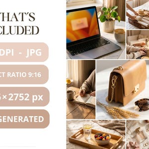 Op de afbeelding: Een collage van lifestyle-afbeeldingen met een laptop, een bruine leren handtas, een dienblad met fruit en een persoon die in een notitieboek schrijft. De afbeeldingen hebben een warm, neutraal kleurenpalet, met tekst die "WHAT'S INCLUDED" aangeeft.