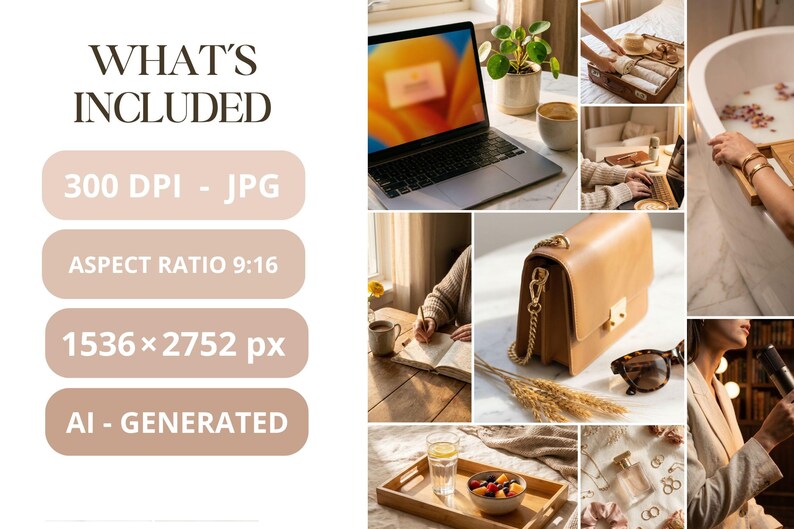 Op de afbeelding: Een collage van lifestyle-afbeeldingen met een laptop, een bruine leren handtas, een dienblad met fruit en een persoon die in een notitieboek schrijft. De afbeeldingen hebben een warm, neutraal kleurenpalet, met tekst die "WHAT'S INCLUDED" aangeeft.