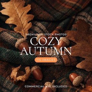 May include: A collection of brown acorns and dried oak leaves resting on a dark green and brown plaid fabric. The image features the text PREMIUM AI STOCK PHOTOS COZY AUTUMN 115 IMAGES COMMERCIAL USE INCLUDED in white and orange lettering.