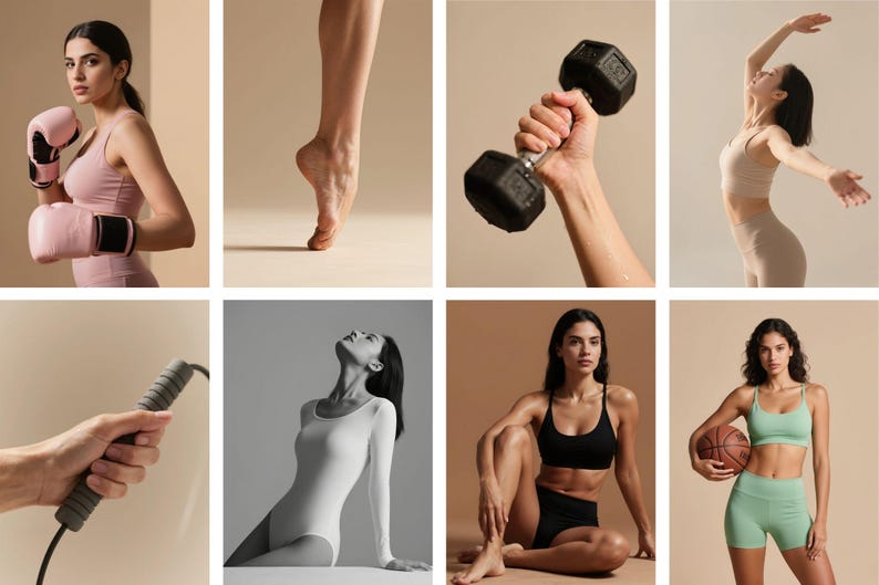 May include: Collection of images featuring fitness and exercise. Includes a woman wearing pink boxing gloves, a foot in pointe position, a hand holding a dumbbell, a woman in workout clothes, a hand holding a jump rope, a woman in a leotard, a woman in a sports bra and shorts holding a basketball.