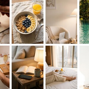 Op de afbeelding: Een verzameling lifestyle-afbeeldingen met verschillende sc&egrave;nes. Bevat een kom granola met bosbessen en bananenschijfjes, een laptop op een bank, een persoon bij een zwembad, een badkuip met kaarsen, een boek en koffie, en een yogamat met een waterfles.