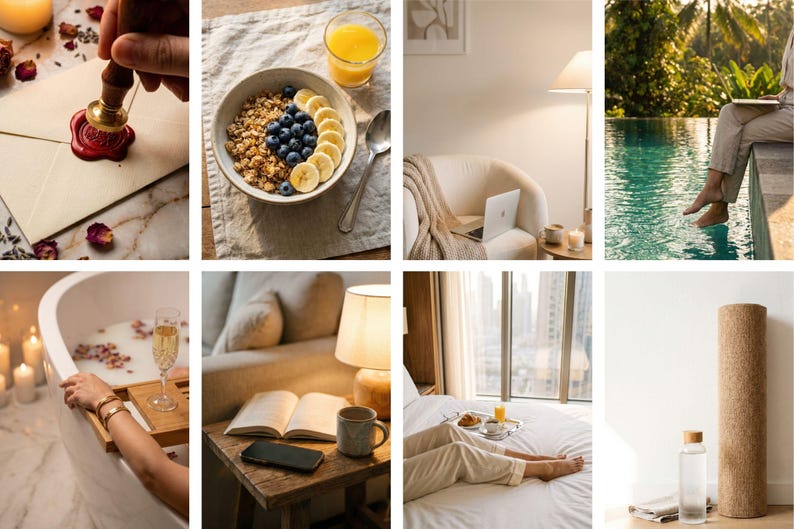 Op de afbeelding: Een verzameling lifestyle-afbeeldingen met verschillende sc&egrave;nes. Bevat een kom granola met bosbessen en bananenschijfjes, een laptop op een bank, een persoon bij een zwembad, een badkuip met kaarsen, een boek en koffie, en een yogamat met een waterfles.