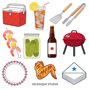 Puede incluir: Ilustraci&oacute;n de art&iacute;culos de picnic y barbacoa, que incluyen una nevera roja, un vaso de t&eacute; helado con una rodaja de lim&oacute;n, una botella de cerveza con una estrella roja, una parrilla y brochetas de camarones y pi&ntilde;a.