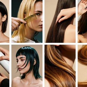 Op de afbeelding: Een collage van afbeeldingen met diverse kapsels en haarverzorgingstechnieken. De afbeeldingen tonen verschillende haarkleuren, waaronder zwart, blond en bruin, met highlights. E&eacute;n afbeelding toont een persoon die blond haar kamt, terwijl een andere haar toont dat met haarspray wordt gestyled.