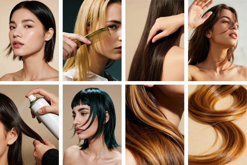 Op de afbeelding: Een collage van afbeeldingen met diverse kapsels en haarverzorgingstechnieken. De afbeeldingen tonen verschillende haarkleuren, waaronder zwart, blond en bruin, met highlights. E&eacute;n afbeelding toont een persoon die blond haar kamt, terwijl een andere haar toont dat met haarspray wordt gestyled.
