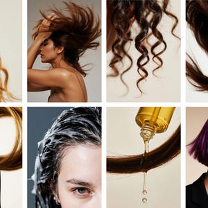 Op de afbeelding: Een collage van afbeeldingen met verschillende haarverzorgings- en stylingtechnieken. Bevat close-ups van verschillende haartexturen, een persoon met haar in beweging, haar dat met product wordt behandeld en een persoon met paars haar.