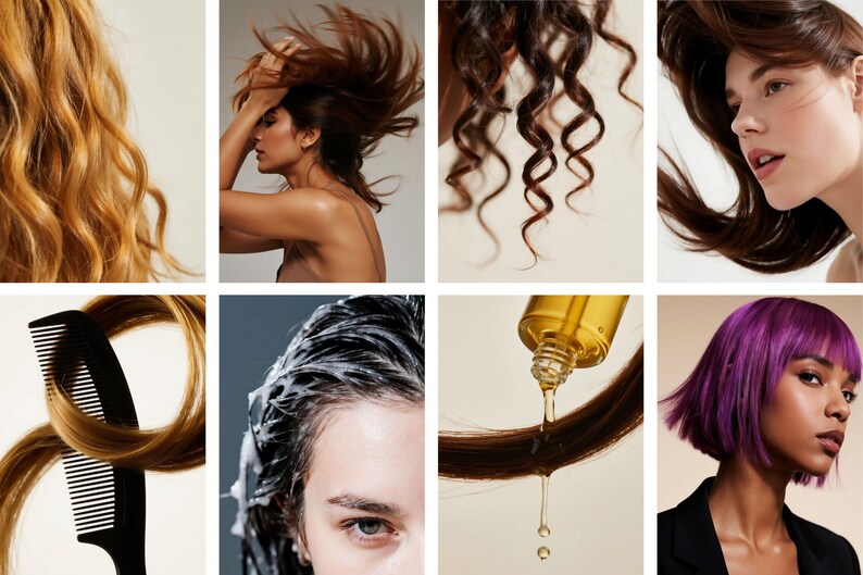 Op de afbeelding: Een collage van afbeeldingen met verschillende haarverzorgings- en stylingtechnieken. Bevat close-ups van verschillende haartexturen, een persoon met haar in beweging, haar dat met product wordt behandeld en een persoon met paars haar.