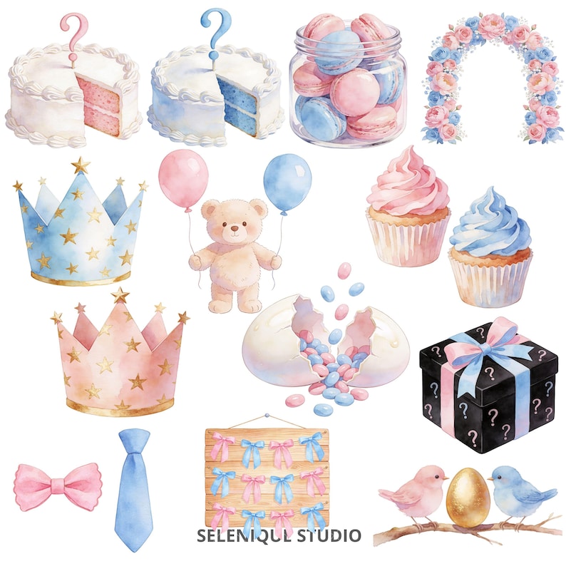 May include: Watercolor illustrations of baby shower items, including cakes with question marks, macarons, cupcakes, crowns, a teddy bear, balloons, and a gift box. The color palette is pink, blue, and gold.