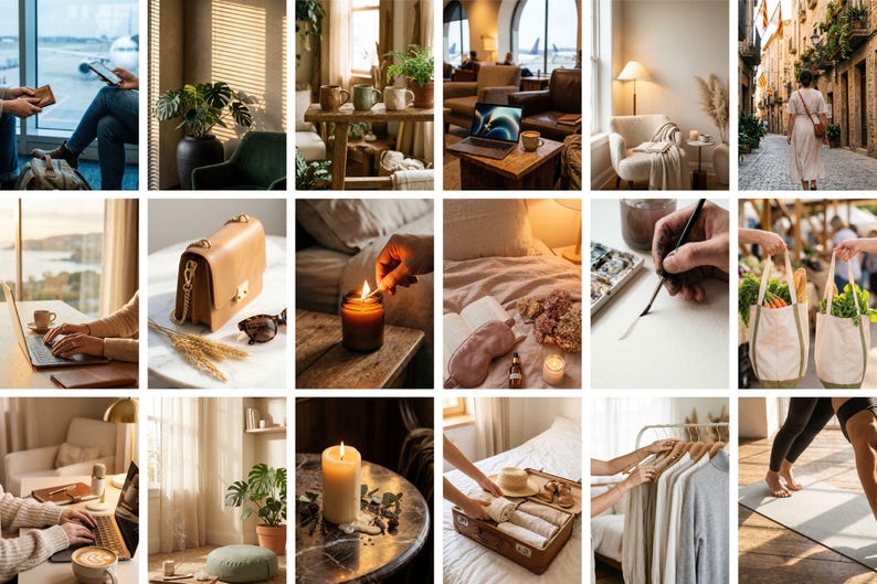 Op de afbeelding: Een collage van lifestyle-afbeeldingen. Sc&egrave;nes omvatten een persoon die een laptop gebruikt, een leren tas, een brandende kaars, iemand die schildert en boodschappentassen met producten. Andere afbeeldingen tonen een laptop op een tafel, een bed en kleding.