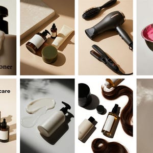 Op de afbeelding: Een verzameling haarverzorgingsproducten, waaronder flessen shampoo en conditioner, haarstylingtools en haarverf. De afbeelding bevat een f&ouml;hn, een stijltang en een spuitfles. De tekst "luxury hair care" en "conditioner" zijn zichtbaar.