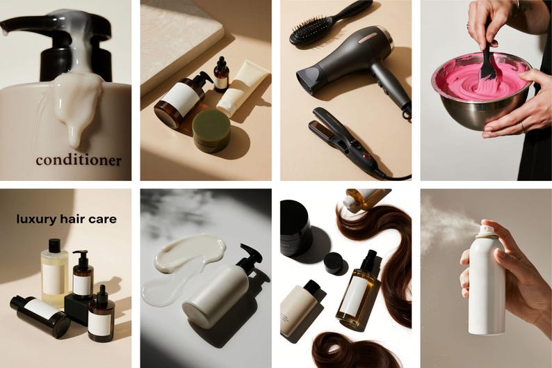 Op de afbeelding: Een verzameling haarverzorgingsproducten, waaronder flessen shampoo en conditioner, haarstylingtools en haarverf. De afbeelding bevat een f&ouml;hn, een stijltang en een spuitfles. De tekst "luxury hair care" en "conditioner" zijn zichtbaar.