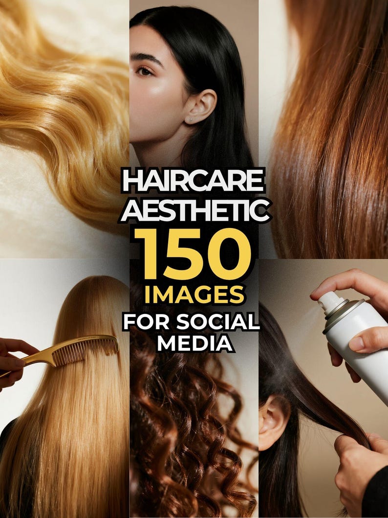 Op de afbeelding: Een collage met verschillende aspecten van haarverzorging. De afbeelding toont close-ups van verschillende haarkleuren en texturen, een gezicht en de tekst "HAIRCARE AESTHETIC 150 IMAGES FOR SOCIAL MEDIA."