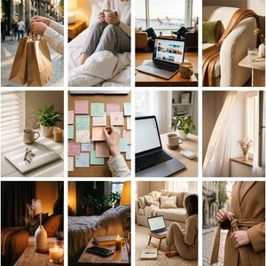 Op de afbeelding: Een collage van lifestyle-afbeeldingen met verschillende sc&egrave;nes. Bevat een persoon met een kopje, boodschappentassen, een persoon in bed met een mok, een laptop, een bank, een persoon met een apparaat, een persoon met een handdoek en een waterfles, een laptop, plaknotities, een laptop, een raam, een boek, een lamp, een kaars, een bed, een laptop, een badjas en een persoon die yoga doet.