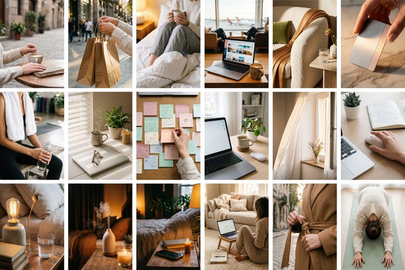 Op de afbeelding: Een collage van lifestyle-afbeeldingen met verschillende sc&egrave;nes. Bevat een persoon met een kopje, boodschappentassen, een persoon in bed met een mok, een laptop, een bank, een persoon met een apparaat, een persoon met een handdoek en een waterfles, een laptop, plaknotities, een laptop, een raam, een boek, een lamp, een kaars, een bed, een laptop, een badjas en een persoon die yoga doet.