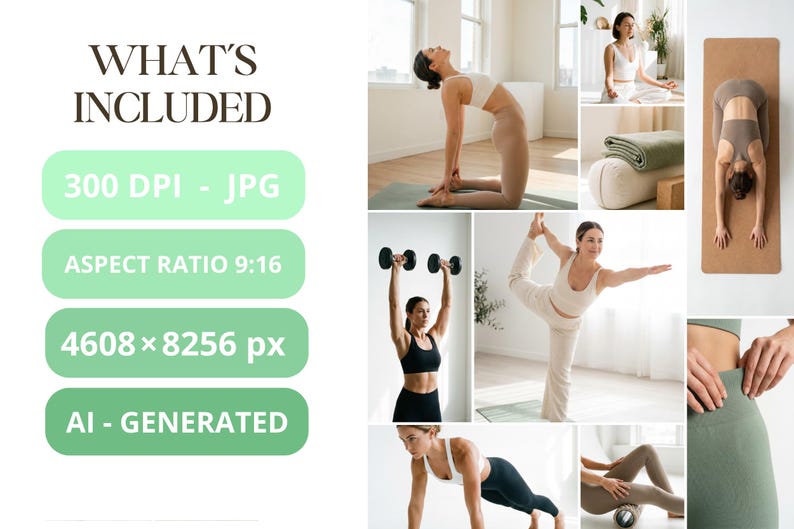 May include: A collage of images showcasing various yoga poses and fitness activities. The images include women in activewear, demonstrating exercises with dumbbells, yoga mats, and other fitness accessories. Text on the left indicates the image details: 300 DPI, aspect ratio 9:16, 4608x8256 px, and AI-generated.