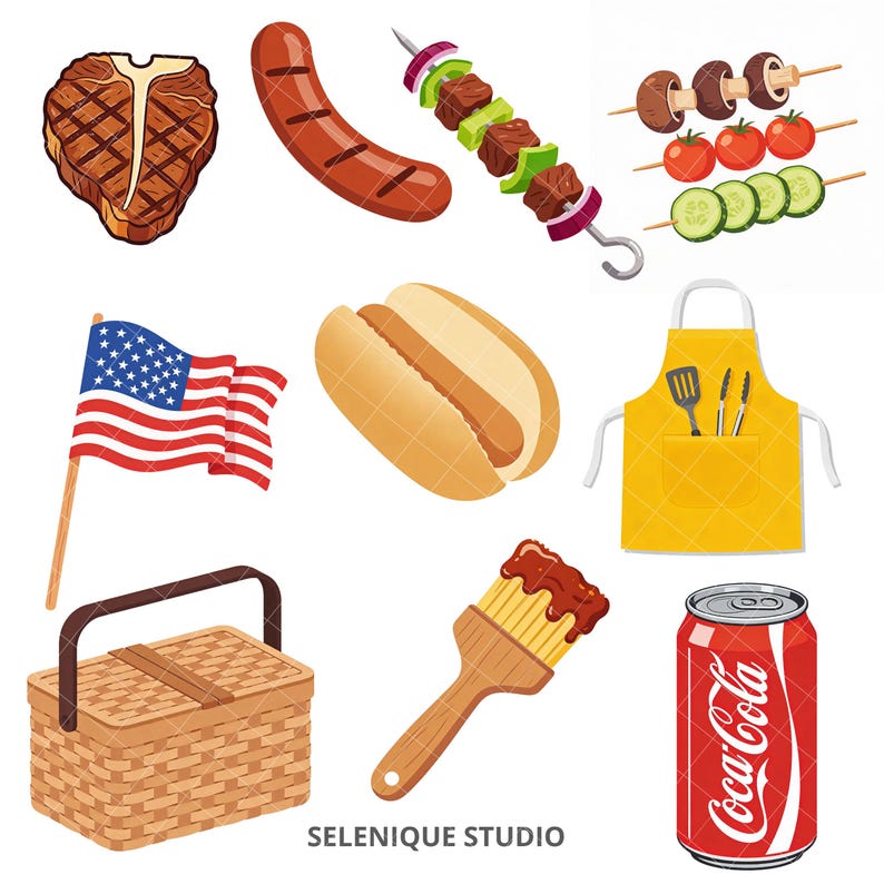 Puede incluir: Colecci&oacute;n de ilustraciones vectoriales con elementos de barbacoa y picnic. Incluye un filete, salchicha, brochetas, perrito caliente, bandera americana, cesta de picnic, brocha, delantal amarillo y una lata de Coca-Cola.