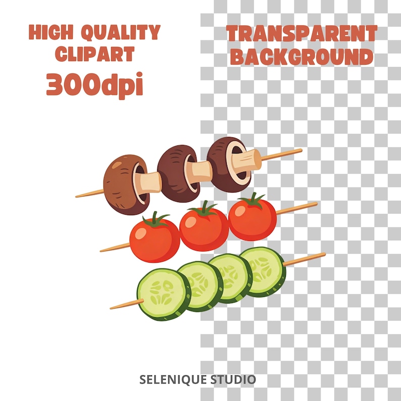 Puede incluir: Ilustraci&oacute;n de tres brochetas con verduras. La brocheta superior tiene tres champi&ntilde;ones marrones. La brocheta del medio tiene tres tomates rojos. La brocheta inferior tiene tres rodajas de pepino verdes. El texto dice "HIGH QUALITY CLIPART 300dpi" y "TRANSPARENT BACKGROUND".
