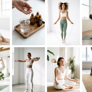 May include: A collage of images showcasing wellness and fitness activities. The images include a woman in white clothing, a person holding pills, a woman jumping rope, a woman in a yoga pose, a woman doing yoga, a woman lifting weights, a woman meditating, and a person in leggings.