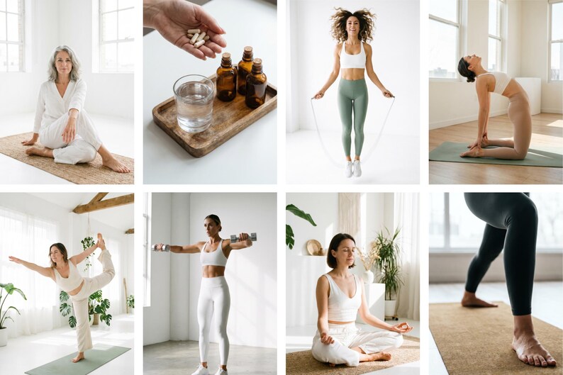 May include: A collage of images showcasing wellness and fitness activities. The images include a woman in white clothing, a person holding pills, a woman jumping rope, a woman in a yoga pose, a woman doing yoga, a woman lifting weights, a woman meditating, and a person in leggings.