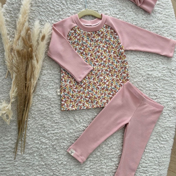 Zweiteiler Langarmshirt Leggings Mädchen / Größe 74/80 86/92 98/104 112/116 122/128 /  Blumen Rosa / Mädchen Set / Zweiteiler Stirnband