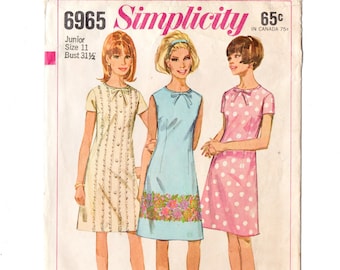 Simplicity 6965 Misses A-Line Dress 60s Vintage Sewing Pattern Junior Size 11 Bust 31 1/2,  Dart Fitted, Sleeveless, Border Print, Casual