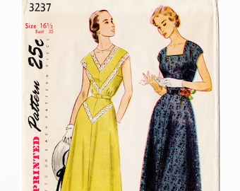 Simplicity 3237 Misses Dress 50s Vintage Sewing Pattern Half Size 16 1/2 Uncut V or Square Neckline, Summer Dress, Simple To Make