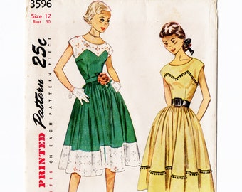 Simplicity 3596 Misses Dress, Petticoat 50s Vintage Sewing Pattern Uncut Size 12 Bust 30 Full Skirt, Short Sleeve, Shaped Yokes, Rockabilly