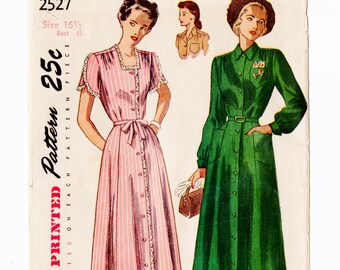 Simplicity 2527 Misses Dress 40s Vintage Sewing Pattern Half Size 16 1/2 Uncut Front Button, Short or Long Sleeves, Coatdress, Day Dress